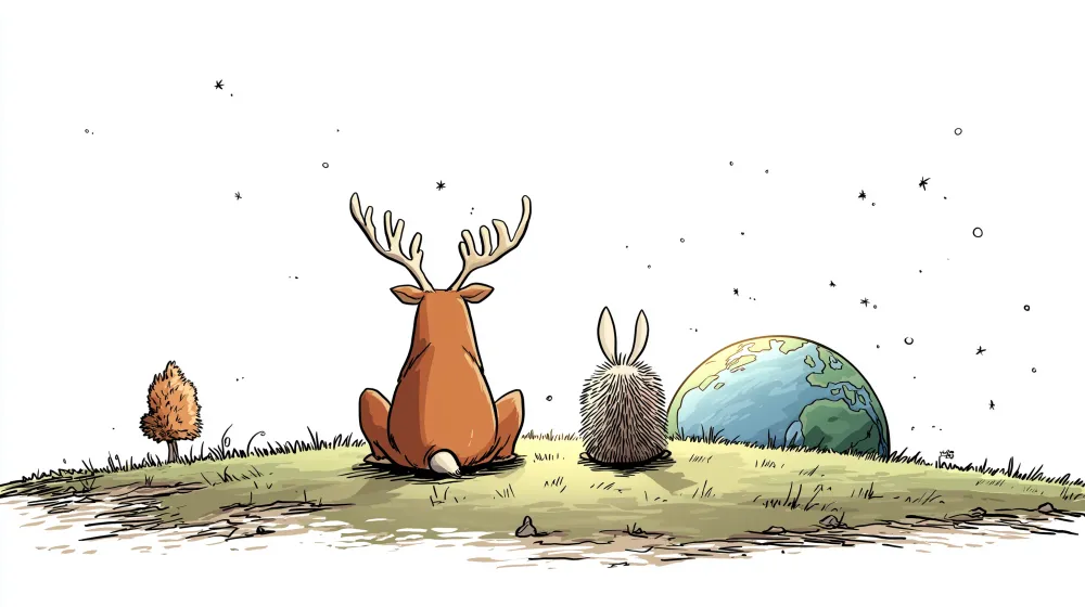 Papel de parede crianç | Veado e coelho contemplando Terra sob um céu estrelado