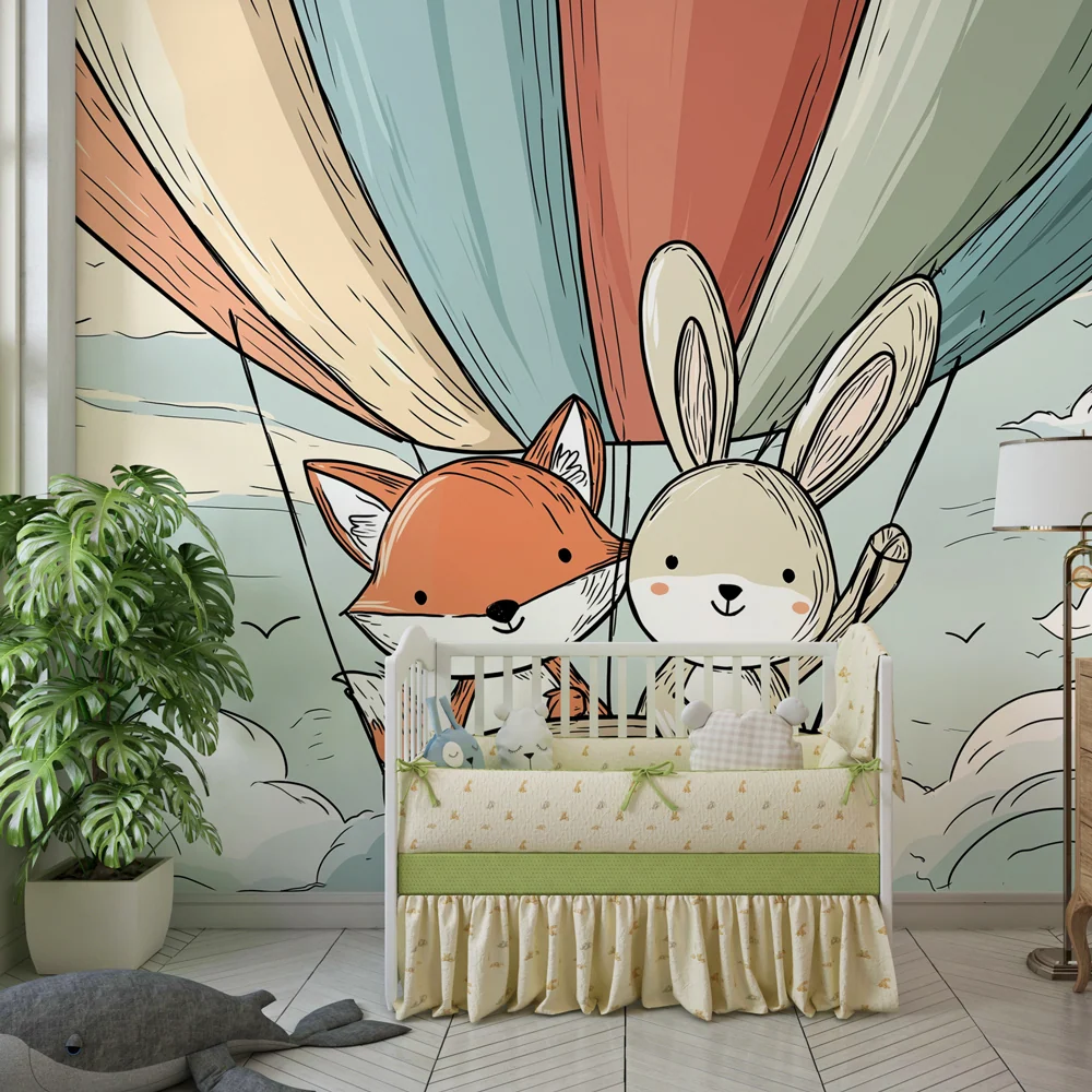 Papel de parede crianç | Viagem de balão de ar quente com um coelho e um coelho