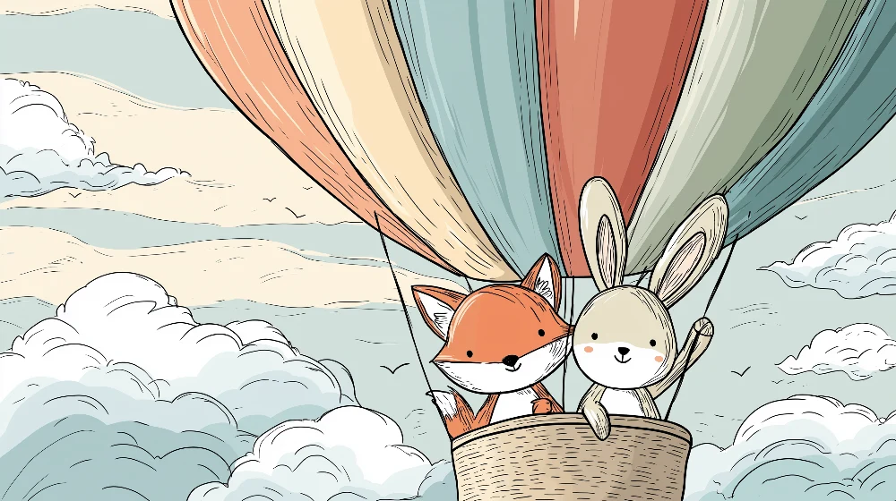 Papel de parede crianç | Viagem de balão de ar quente com um coelho e um coelho