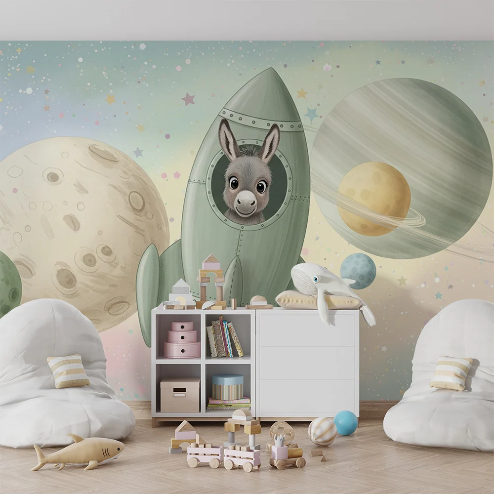 Papel de parede crianç | Viagem espacial com um burro astronauta