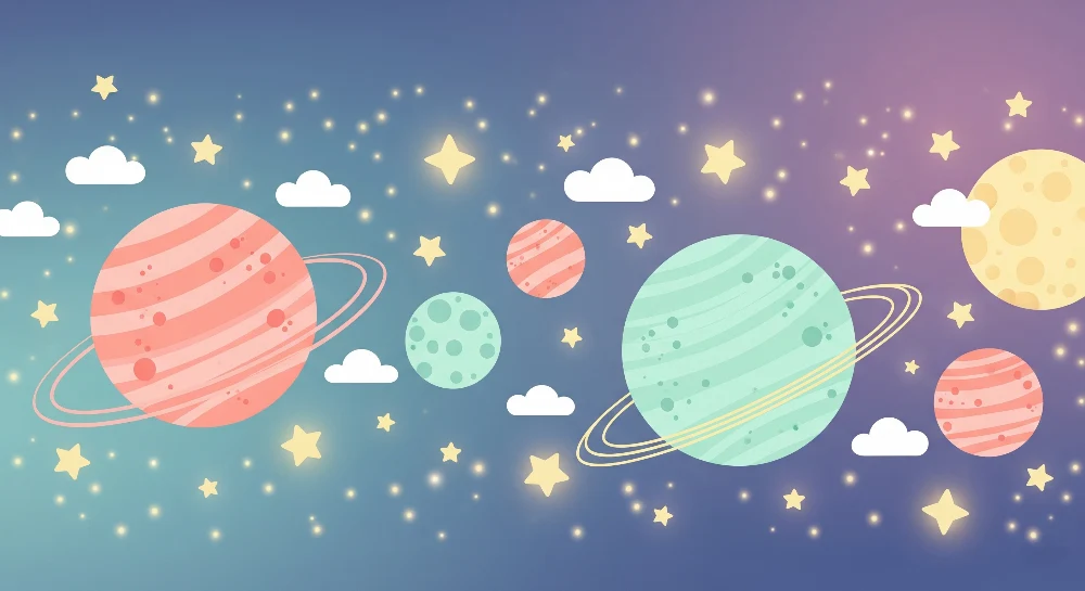 Papel de parede crianç | Viagem intergaláctica com planetas coloridos
