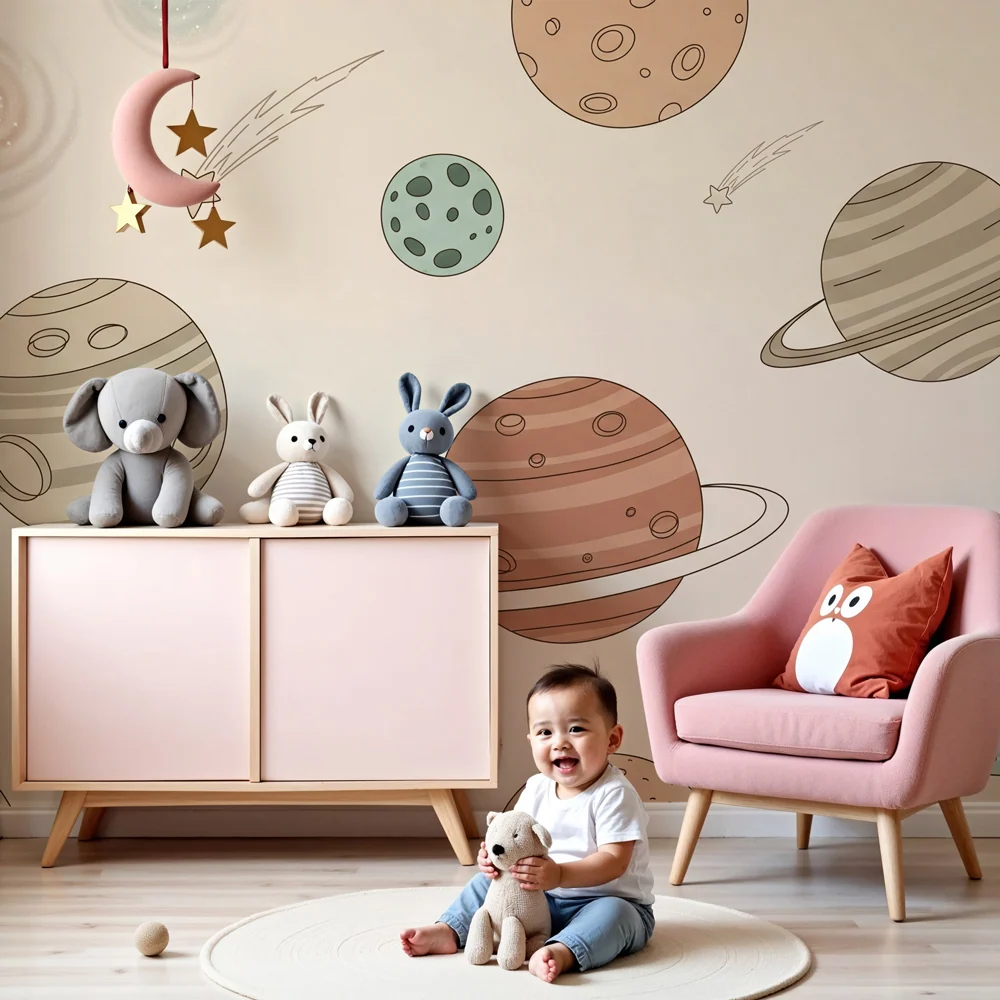 Papel de parede crianç | Viagem intergaláctica com planetas coloridos e fundo bege