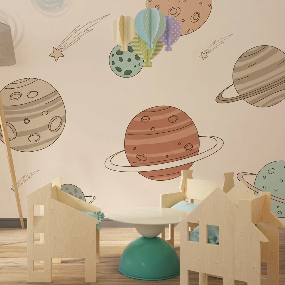 Papel de parede crianç | Viagem intergaláctica com planetas coloridos e fundo bege