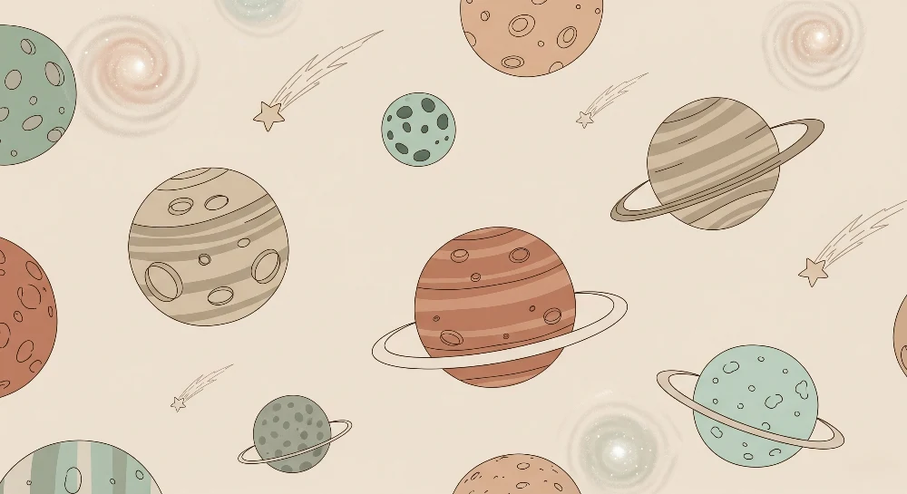 Papel de parede crianç | Viagem intergaláctica com planetas coloridos e fundo bege