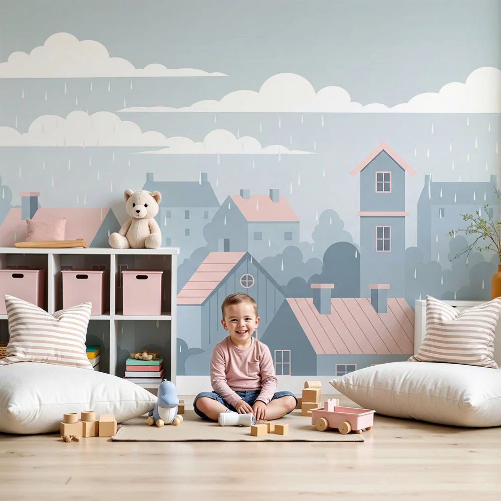 Papel de parede crianç | Vila sob chuva com casas pastel
