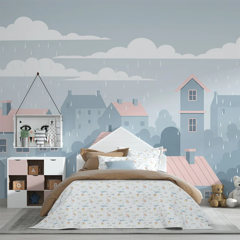 Papel de parede crianç | Vila sob chuva com casas pastel