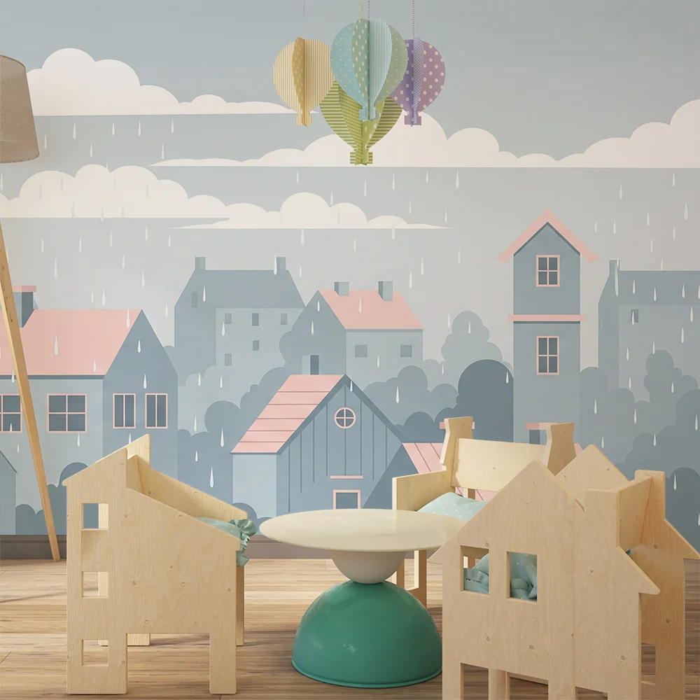 Papel de parede crianç | Vila sob chuva com casas pastel