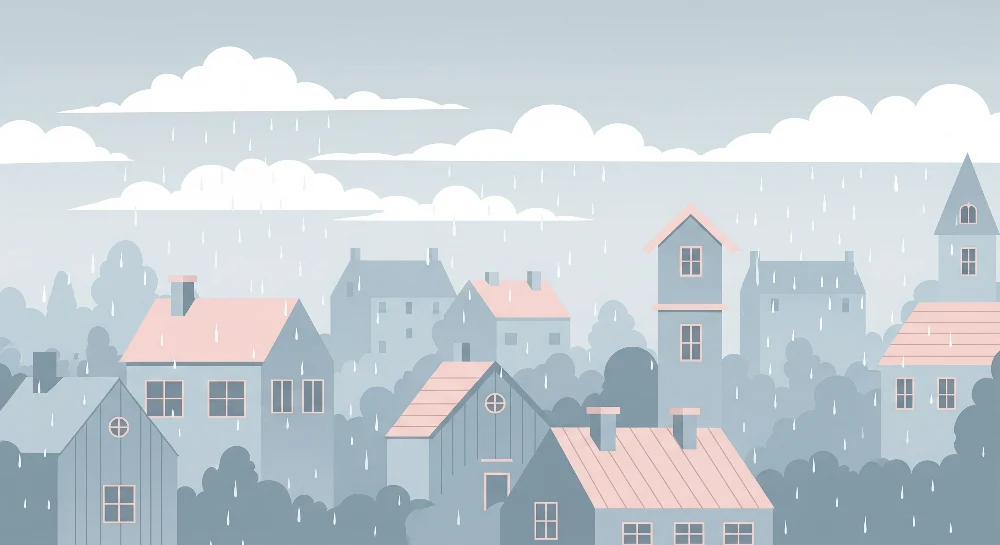 Papel de parede crianç | Vila sob chuva com casas pastel