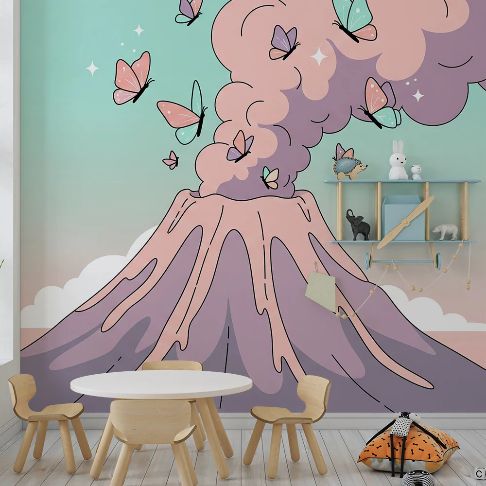 Papel de parede crianç | Vulcão colorido com borboletas e nuvens suaves