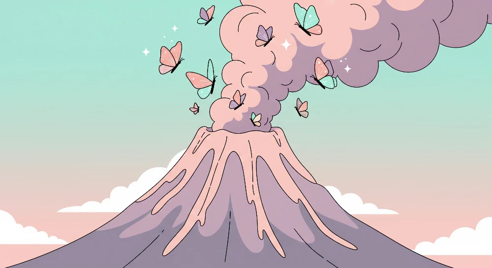 Papel de parede crianç | Vulcão colorido com borboletas e nuvens suaves