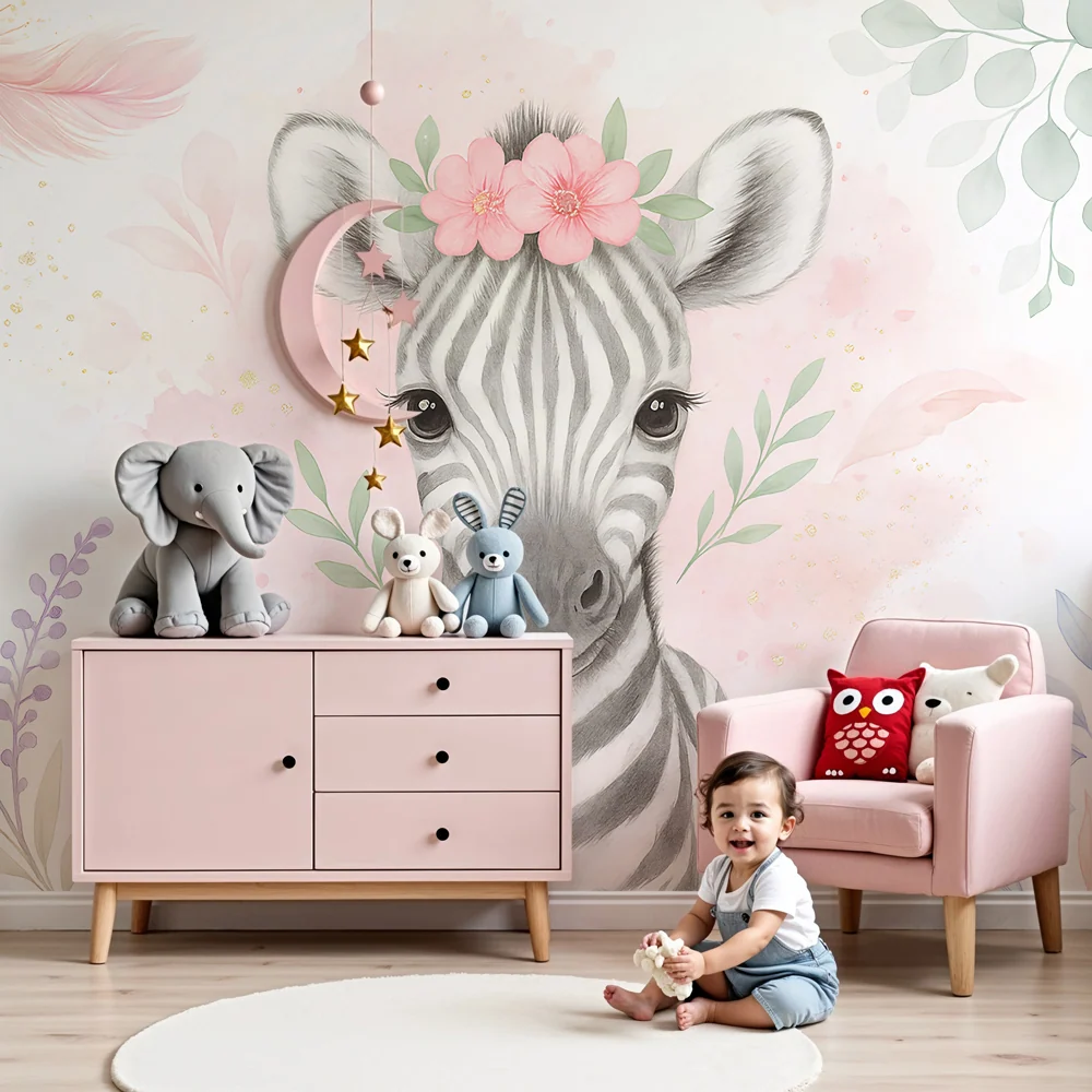 Papel de parede crianç | Zebra bonito e flores pastel