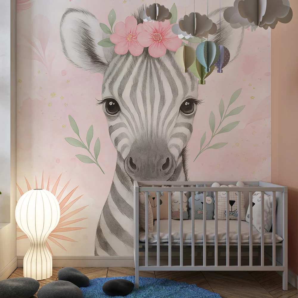 Papel de parede crianç | Zebra bonito e flores pastel