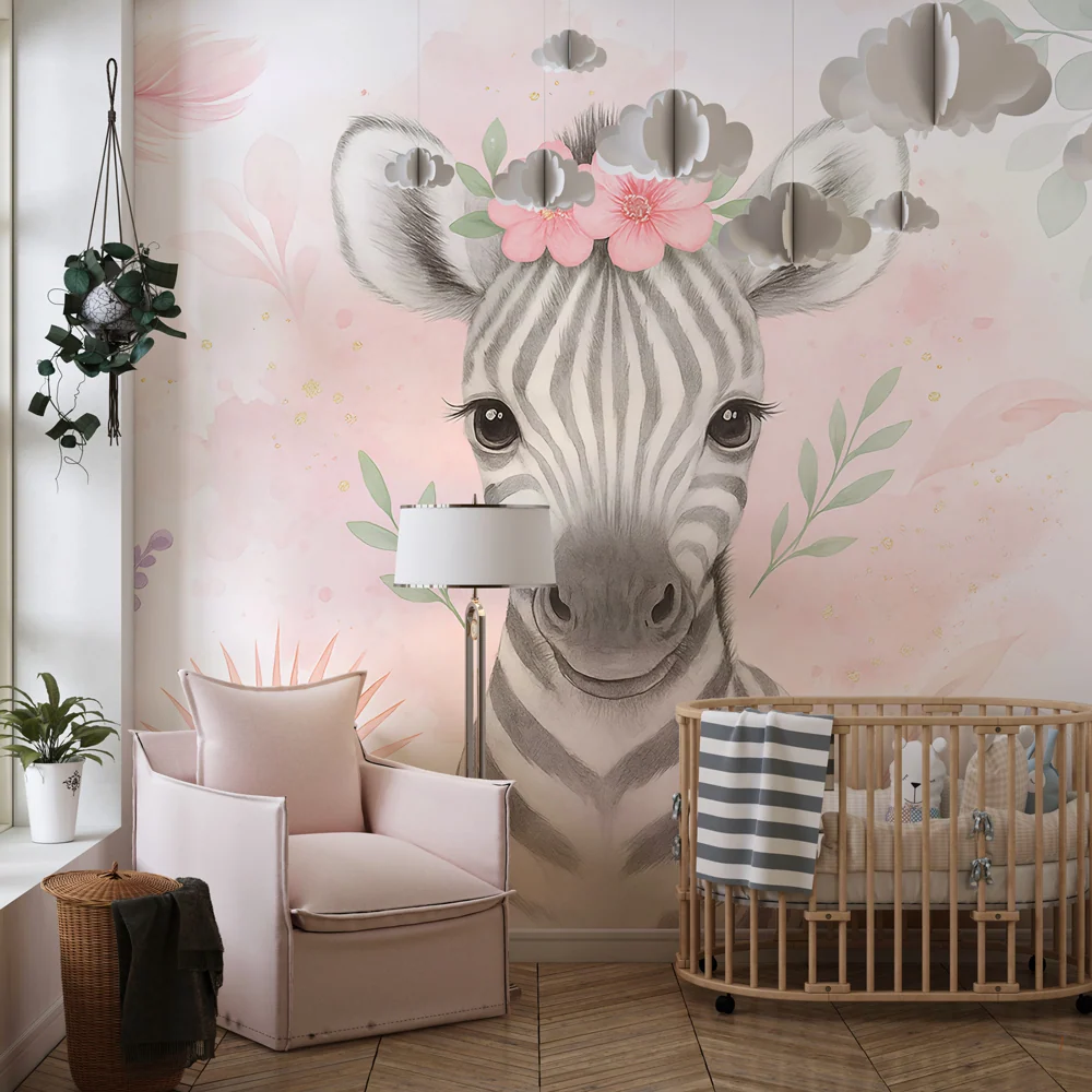Papel de parede crianç | Zebra bonito e flores pastel