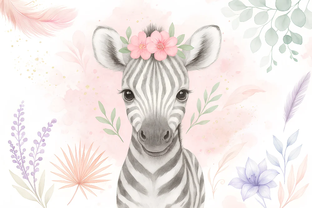 Papel de parede crianç | Zebra bonito e flores pastel