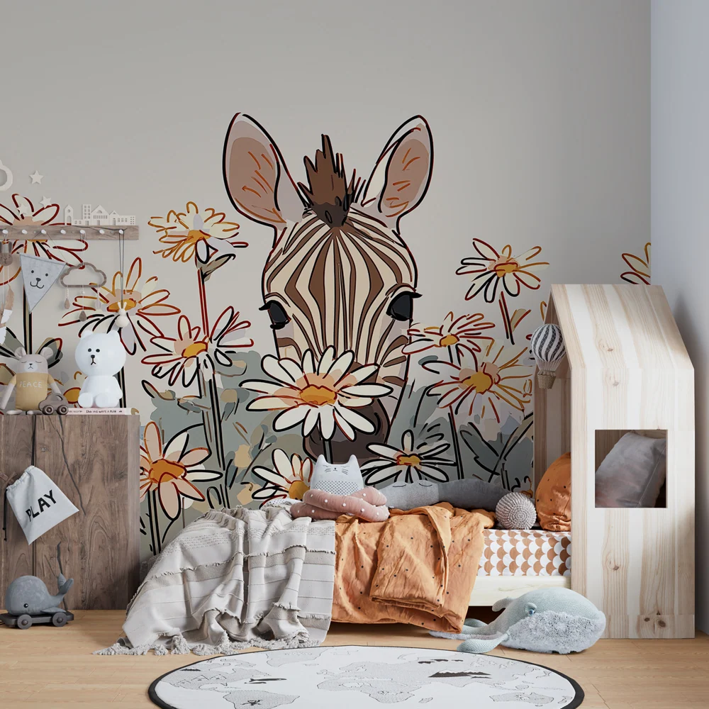 Papel de parede crianç | Zebra curiosa entre as flores