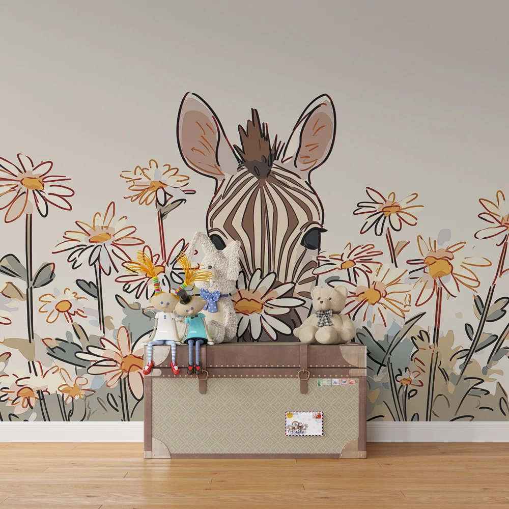 Papel de parede crianç | Zebra curiosa entre as flores