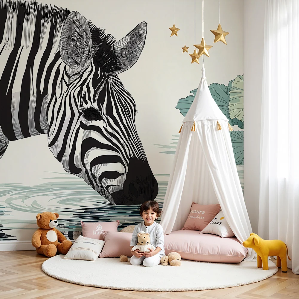 Papel de parede crianç | Zebra elegante à beira d'água cercada por nenúfares