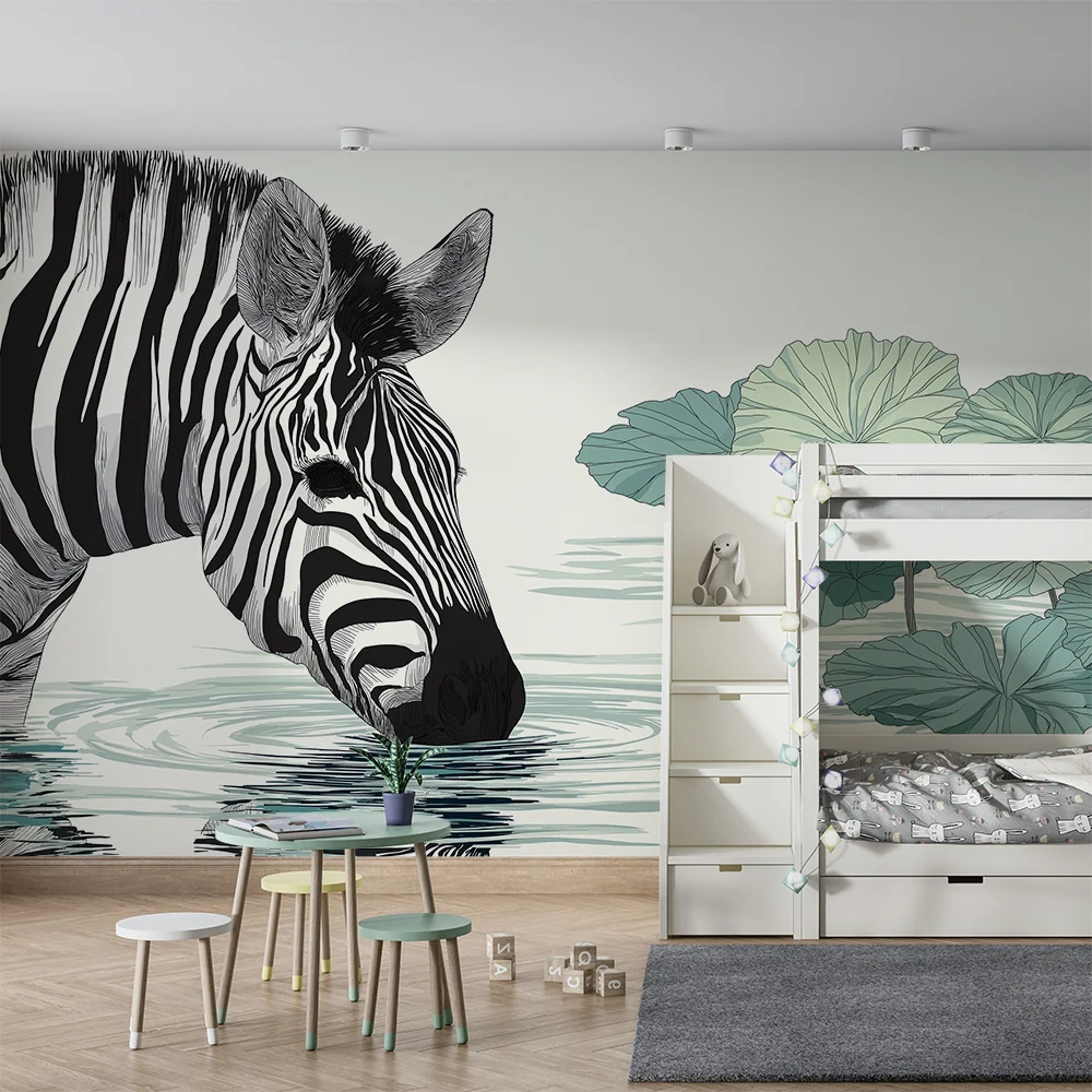 Papel de parede crianç | Zebra elegante à beira d'água cercada por nenúfares