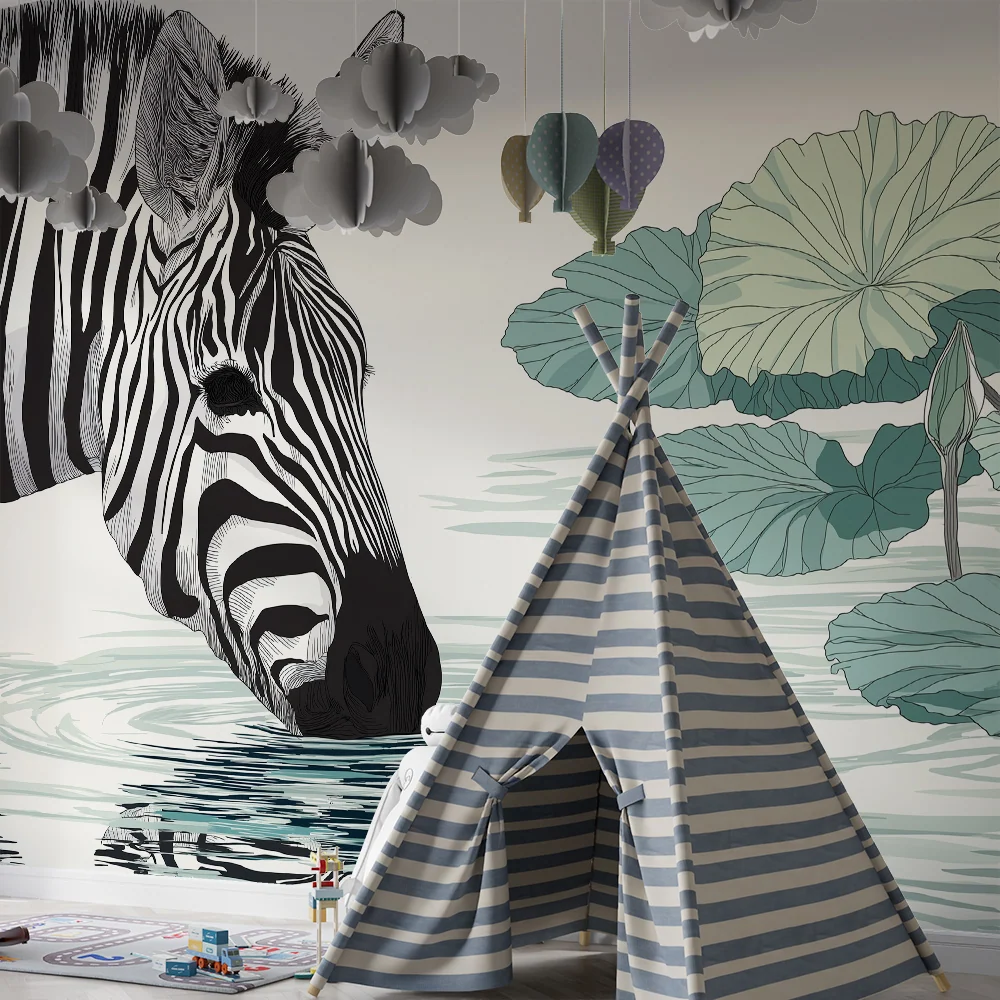 Papel de parede crianç | Zebra elegante à beira d'água cercada por nenúfares