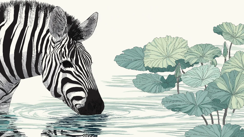 Papel de parede crianç | Zebra elegante à beira d'água cercada por nenúfares