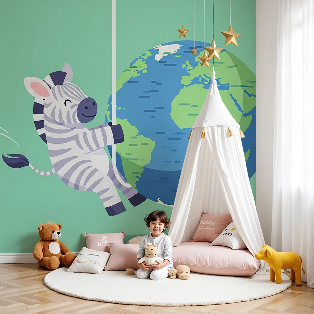 Papel de parede crianç | Zebra feliz pendurada na parede