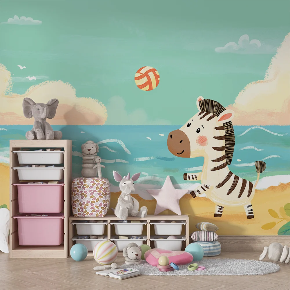 Papel de parede crianç | Zebra jogador de voleibol na praia ensolarada