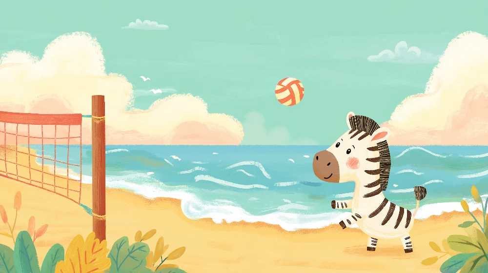 Papel de parede crianç | Zebra jogador de voleibol na praia ensolarada