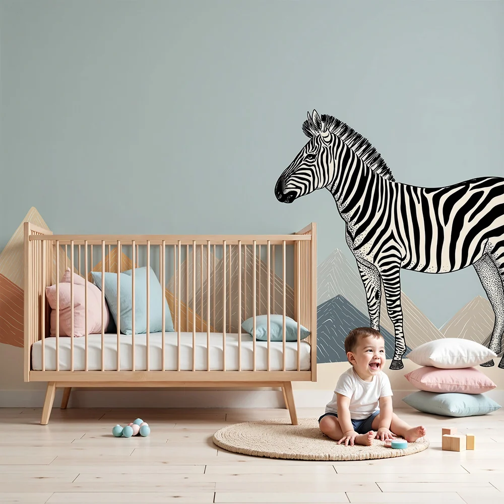 Papel de parede crianç | Zebra majestosa diante de montanhas estilizadas