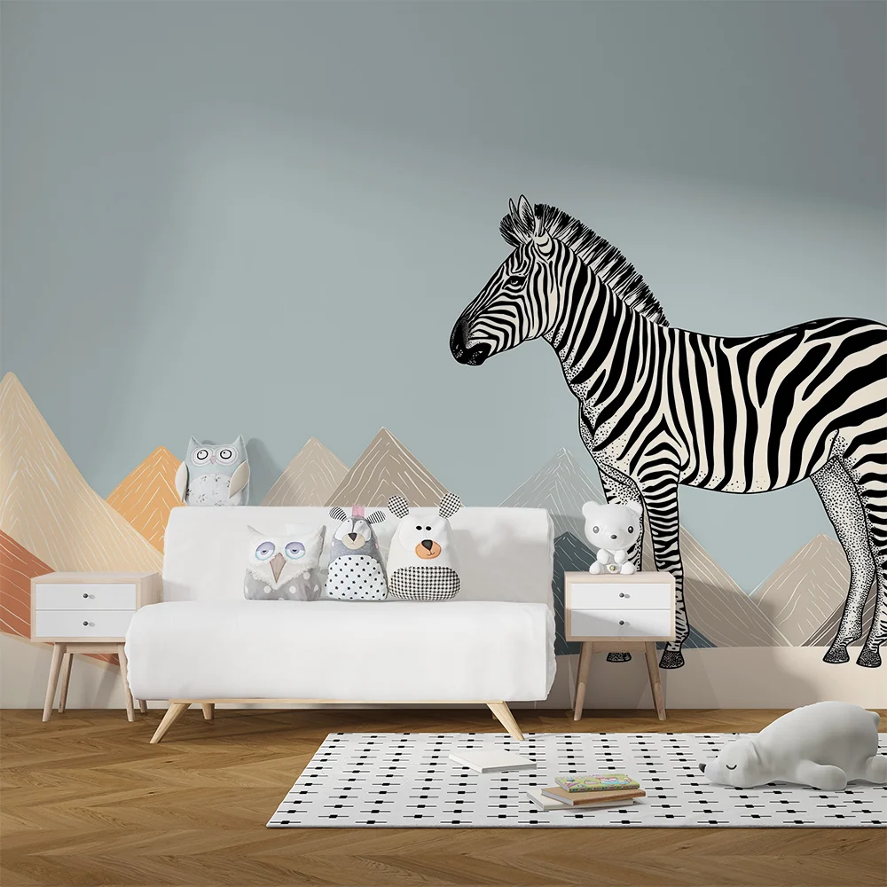 Papel de parede crianç | Zebra majestosa diante de montanhas estilizadas