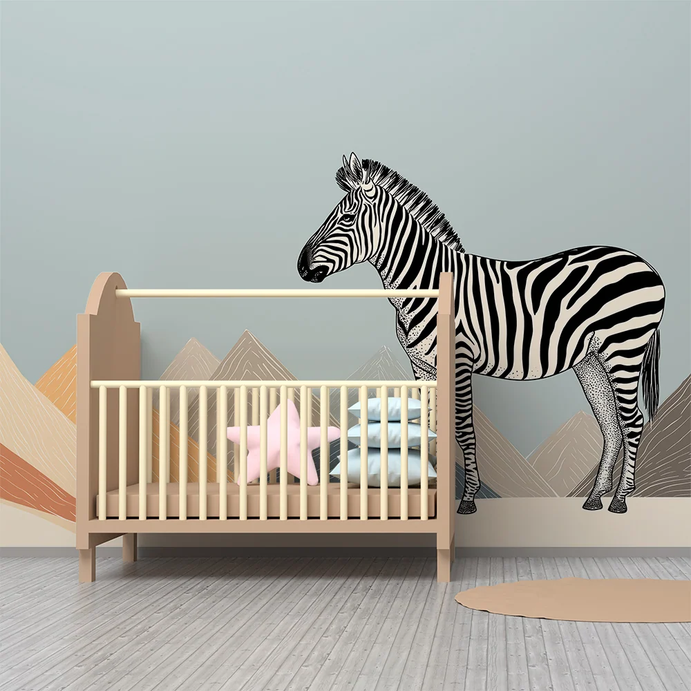 Papel de parede crianç | Zebra majestosa diante de montanhas estilizadas