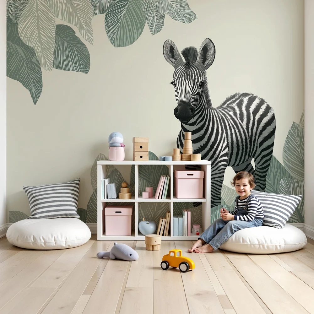 Papel de parede crianç | Zebra no meio das folhagens