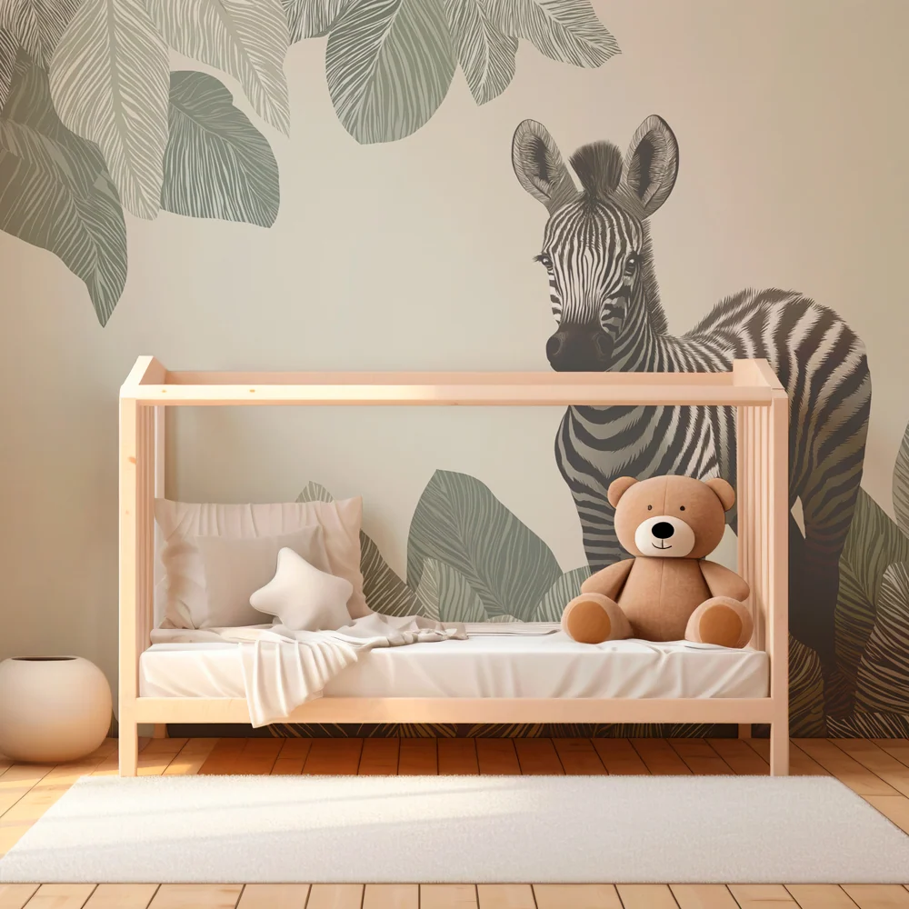 Papel de parede crianç | Zebra no meio das folhagens