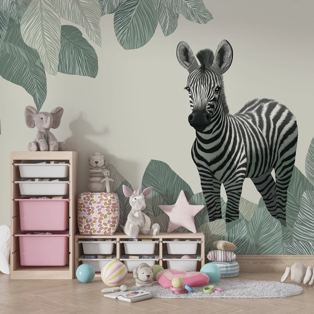Papel de parede crianç | Zebra no meio das folhagens