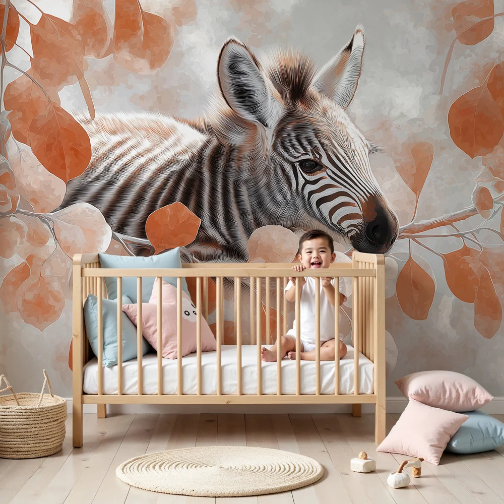 Papel de parede crianç | Zebra pequena e folhagem