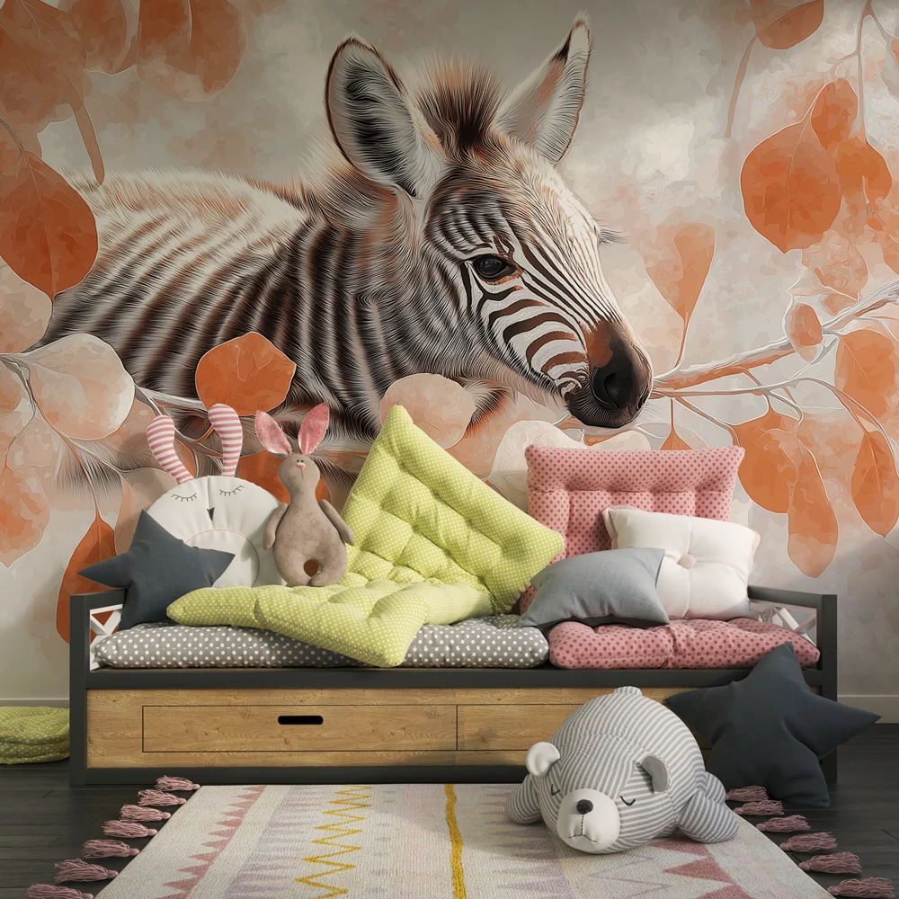 Papel de parede crianç | Zebra pequena e folhagem