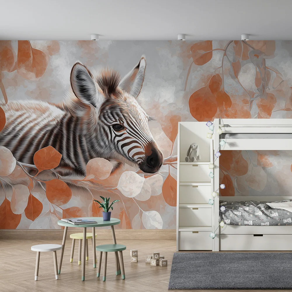 Papel de parede crianç | Zebra pequena e folhagem
