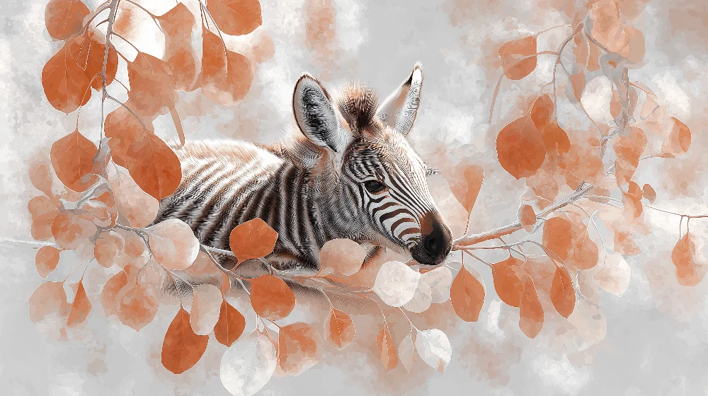 Papel de parede crianç | Zebra pequena e folhagem