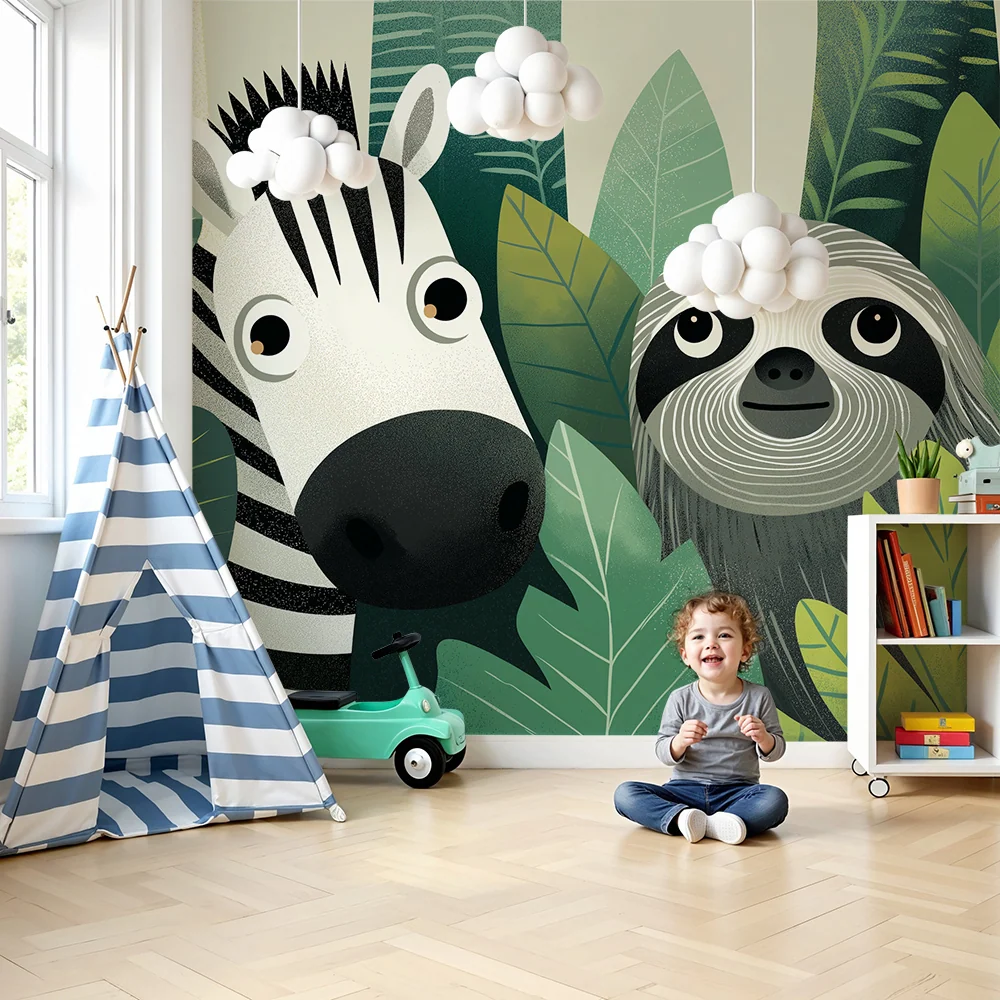 Papel de parede crianç | Zebra e preguiç numa selva luxuriante