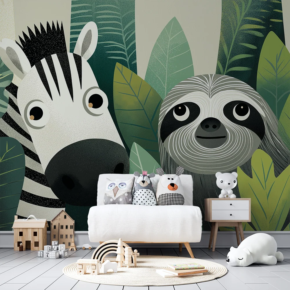 Papel de parede crianç | Zebra e preguiç numa selva luxuriante