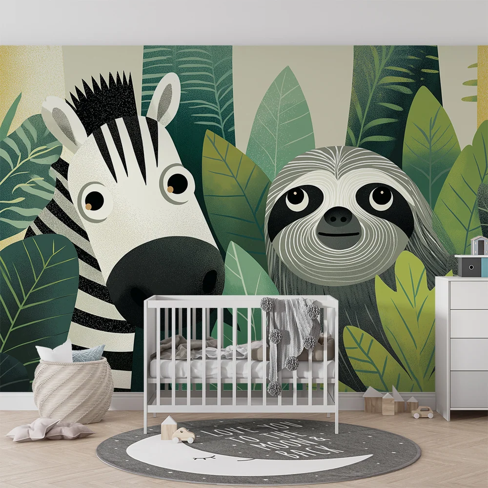 Papel de parede crianç | Zebra e preguiç numa selva luxuriante