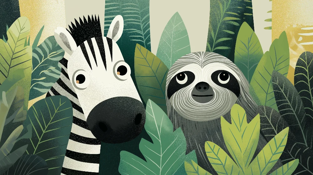 Papel de parede crianç | Zebra e preguiç numa selva luxuriante