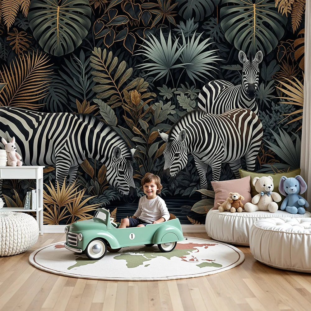 Papel de parede crianç | Zebras elegantes no meio de uma selva luxuriante