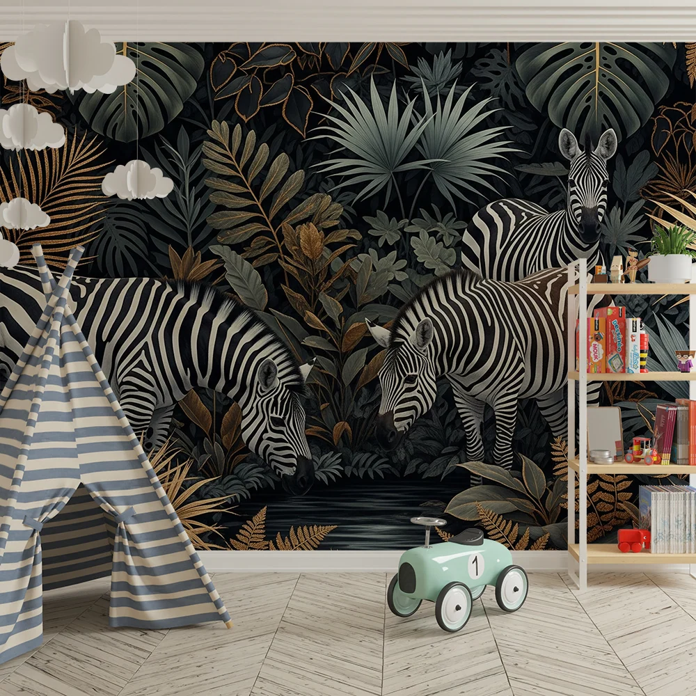 Papel de parede crianç | Zebras elegantes no meio de uma selva luxuriante