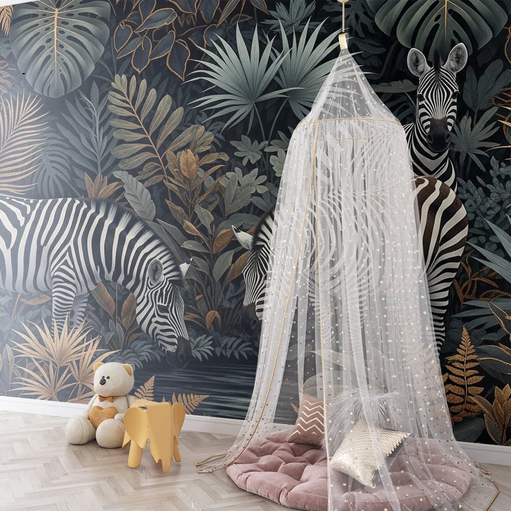Papel de parede crianç | Zebras elegantes no meio de uma selva luxuriante