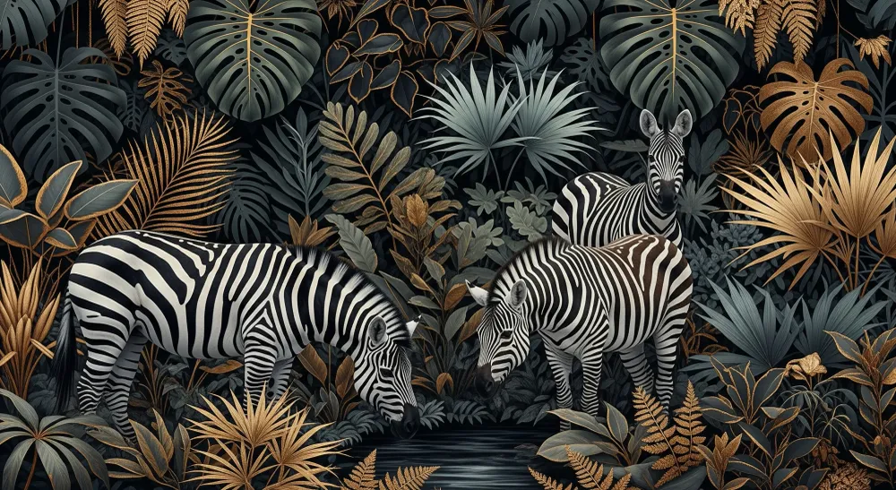 Papel de parede crianç | Zebras elegantes no meio de uma selva luxuriante