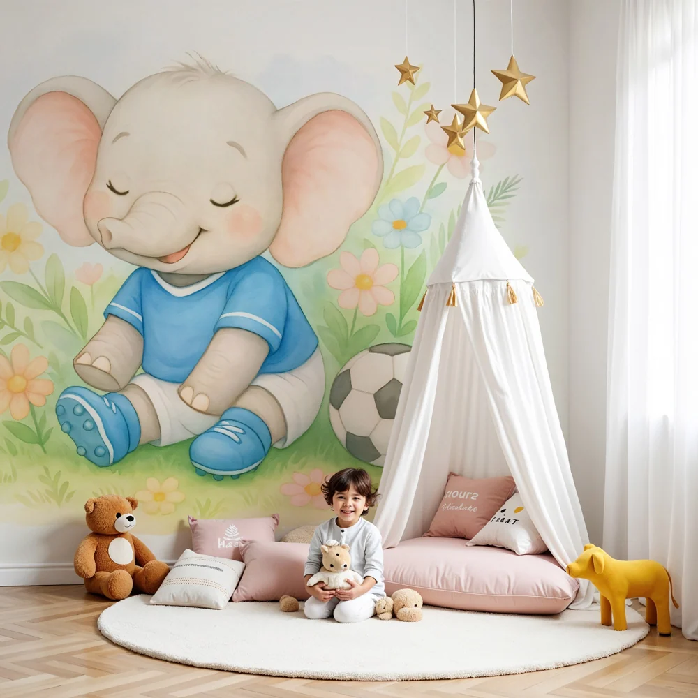 Papel de parede elefante jogador | Decoração de parede infantil