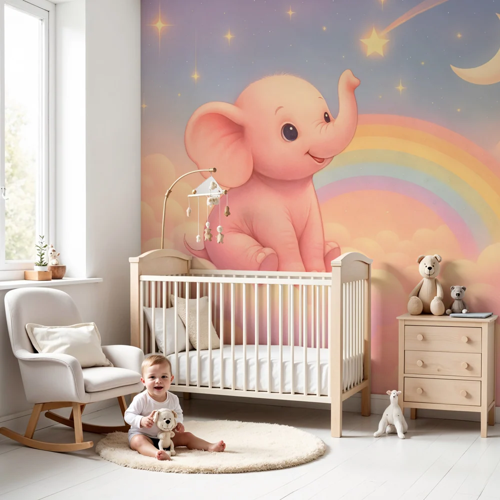 Papel de parede elefante rosa | Decoração de sonho para crianças