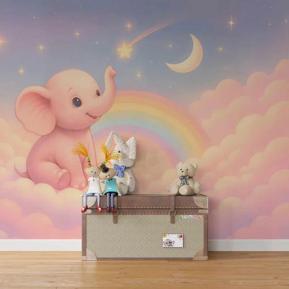 Papel de parede elefante rosa | Decoração de sonho para crianças