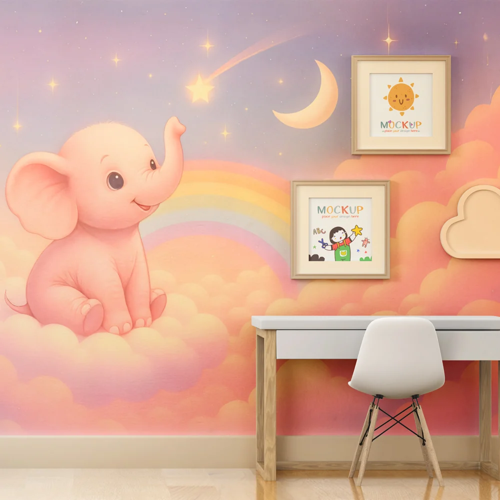Papel de parede elefante rosa | Decoração de sonho para crianças