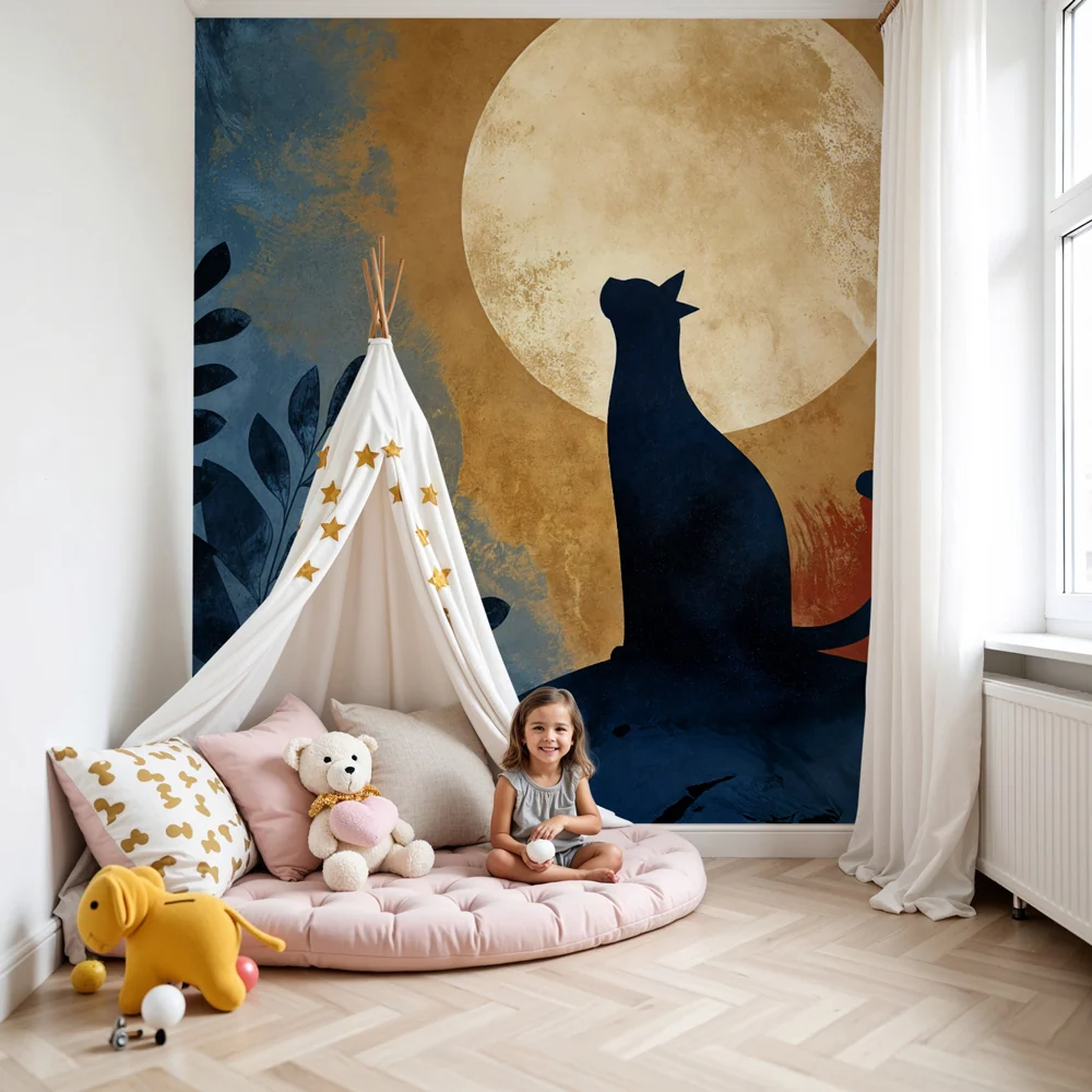 Papel de parede gato e lua | Silhueta felina sob lua cheia